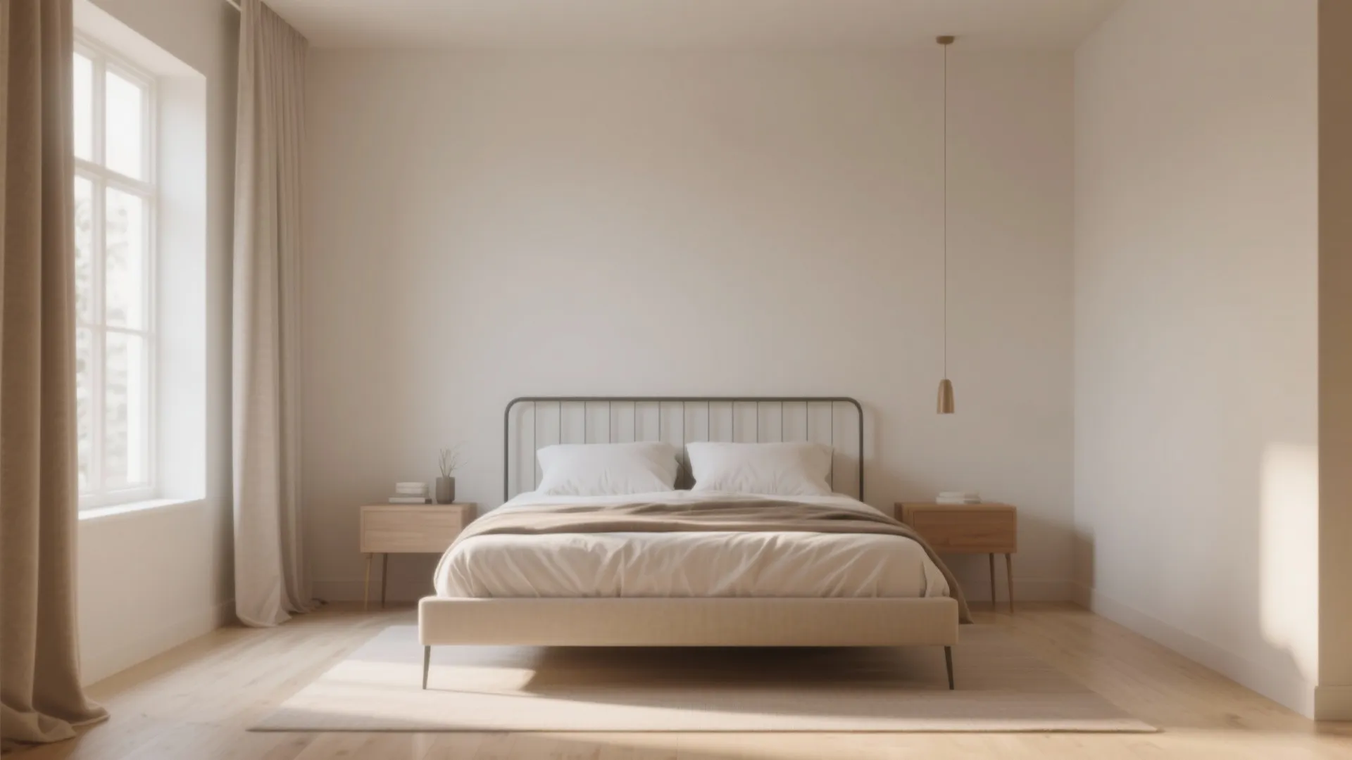 A bedroom with a bed placed in the center and open walking space