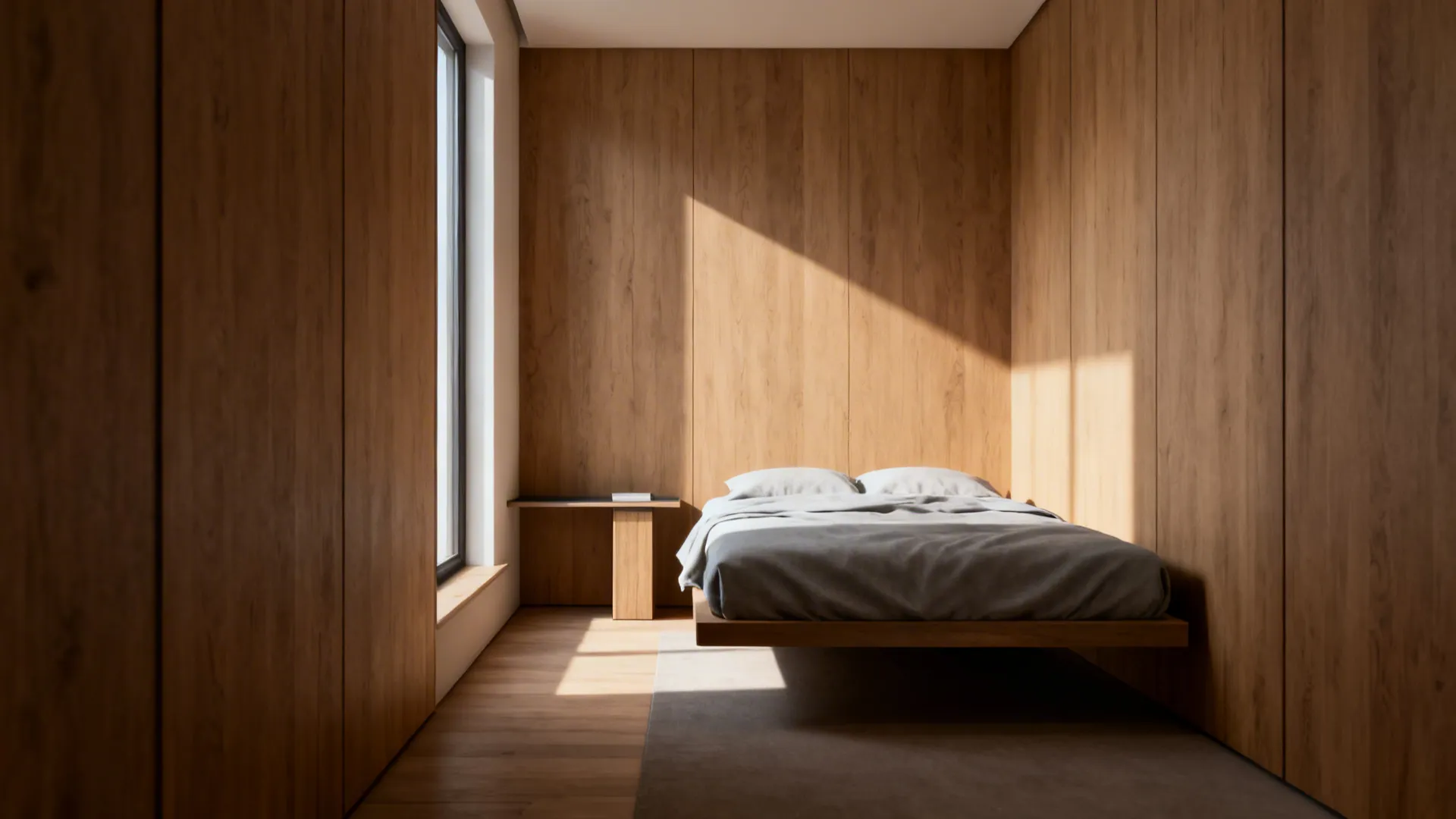 Narrow bedroom with a bed floated along the longest wall, narrow console opposite and clear walkway.