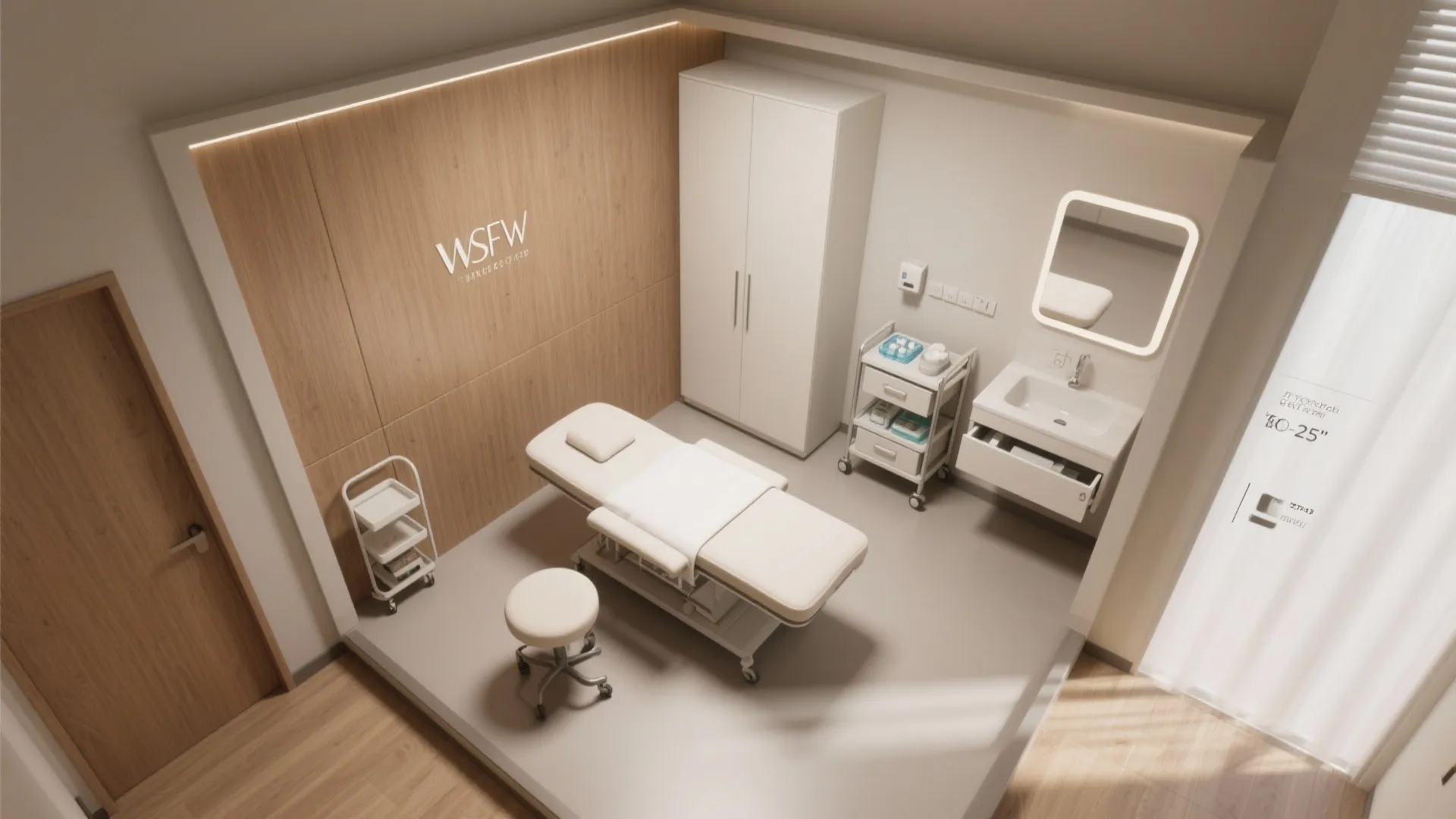 Top view interior design drawing of a clinic room with treatment bed sink and cabinet