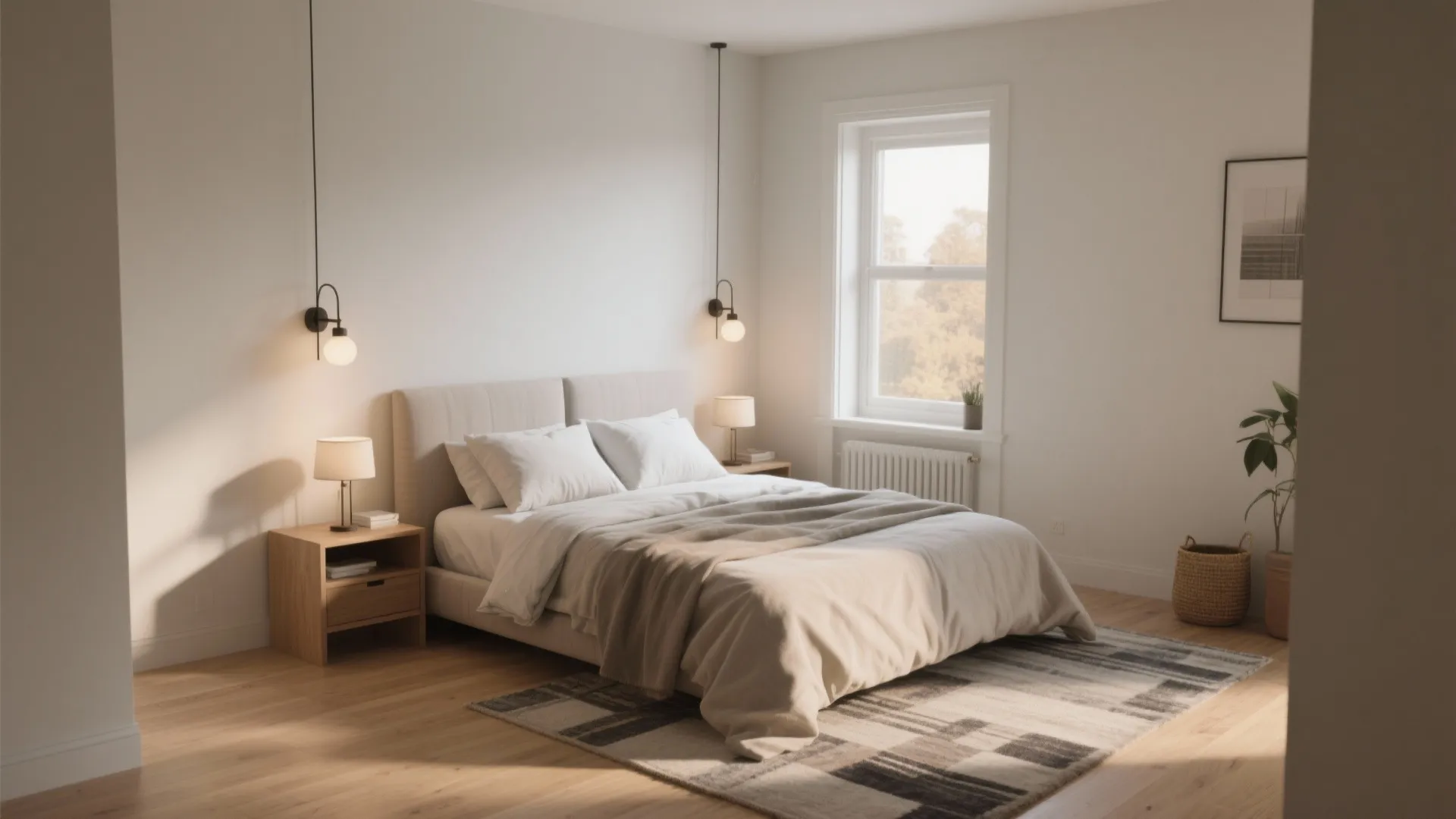 Modern bedroom with wooden floor, white walls, soft rug, bedside tables, and hanging light fixtures