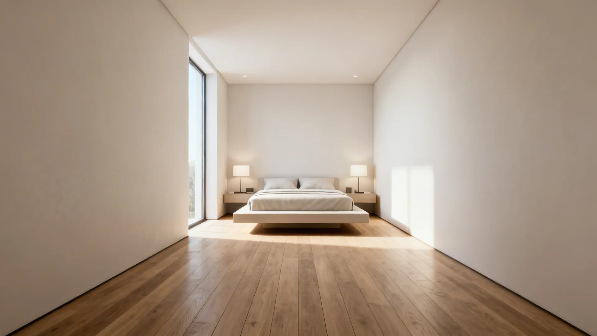 Narrow bedroom showing a low-profile bed floated from the wall with clear walkaround space and symmetrical lighting.