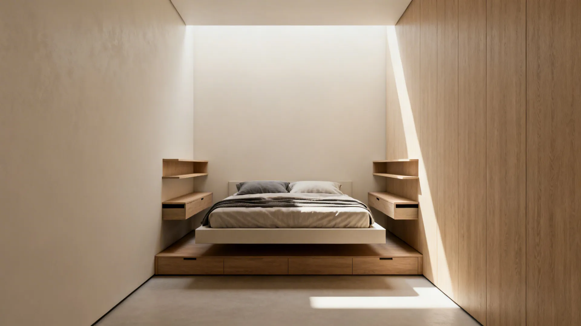 Narrow bedroom with a platform bed floated to create walkways and slim floating shelves.