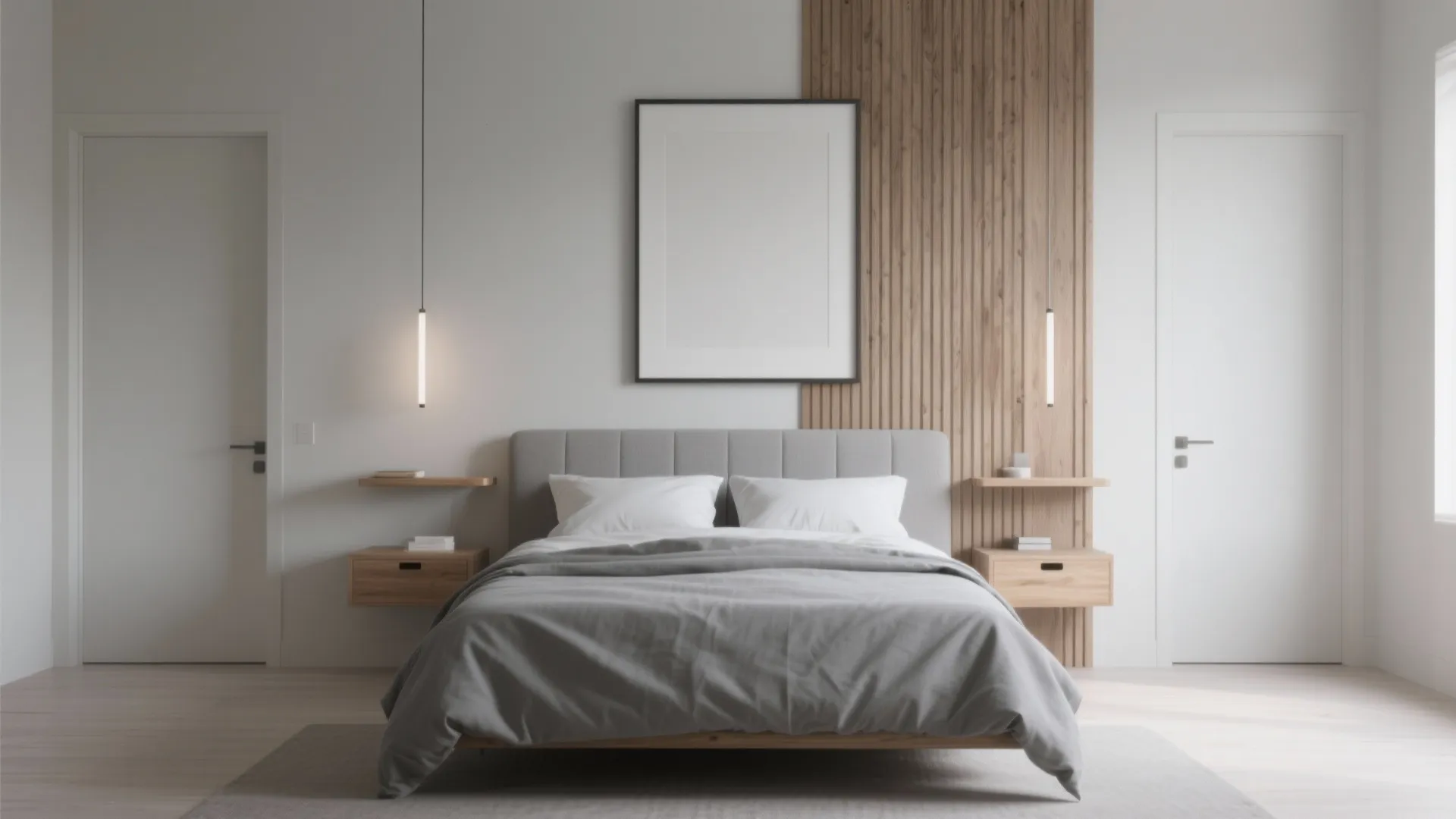 Centered queen bed with a painted and slatted headboard wall, floating nightstands, slim sconces, and clear door swing for flow.