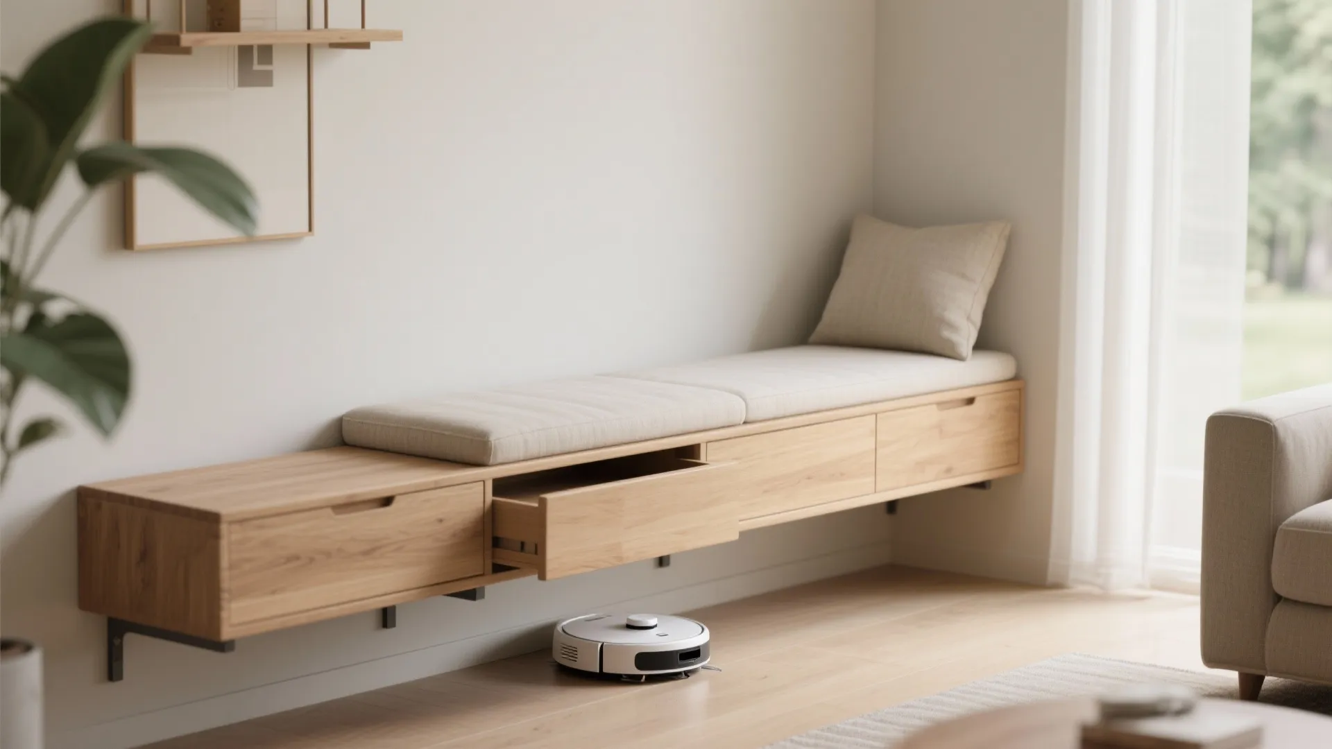 A floating wall-mounted bench in light oak shows clear floor underneath for an airy, minimal living room.