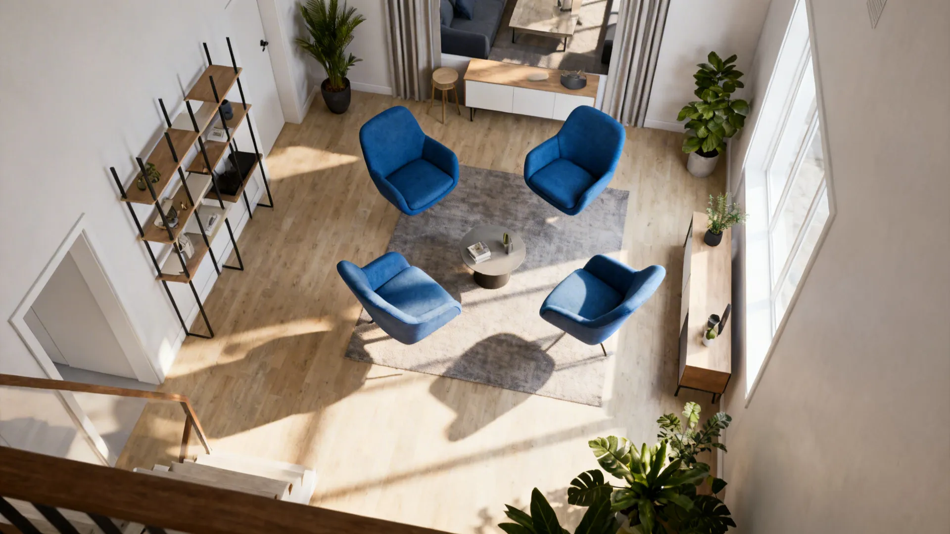 Small living room with blue chairs floated to form a conversational island and slim storage