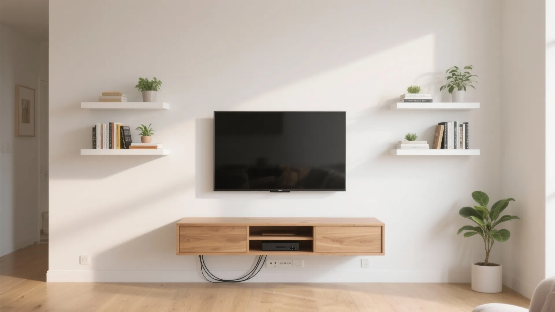 Modern white wall featuring flat screen TV, wooden cabinet, floating shelves with books and plants