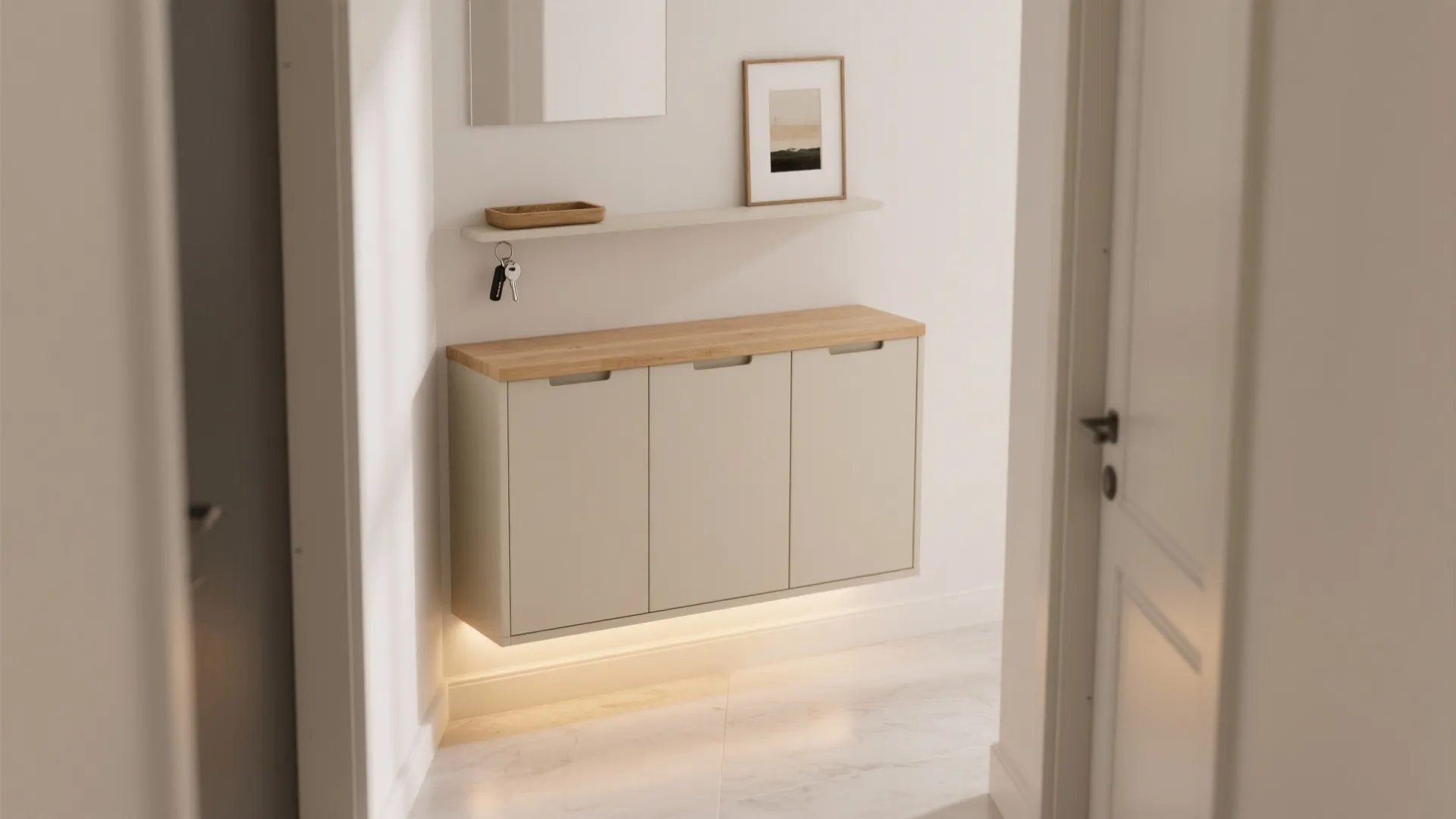 2) Floating Console Cupboard + Shelf Above