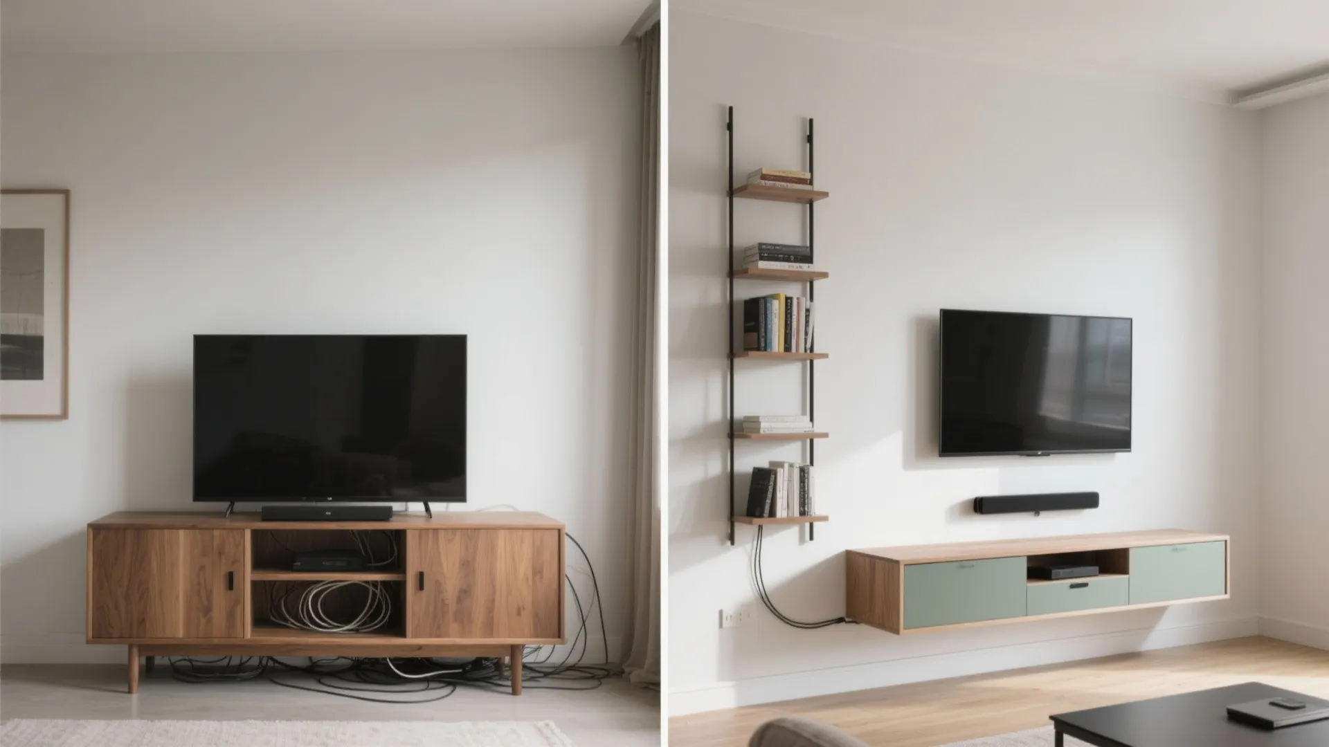 Before and after of a small living room switching from bulky console to floating unit with slim shelving.