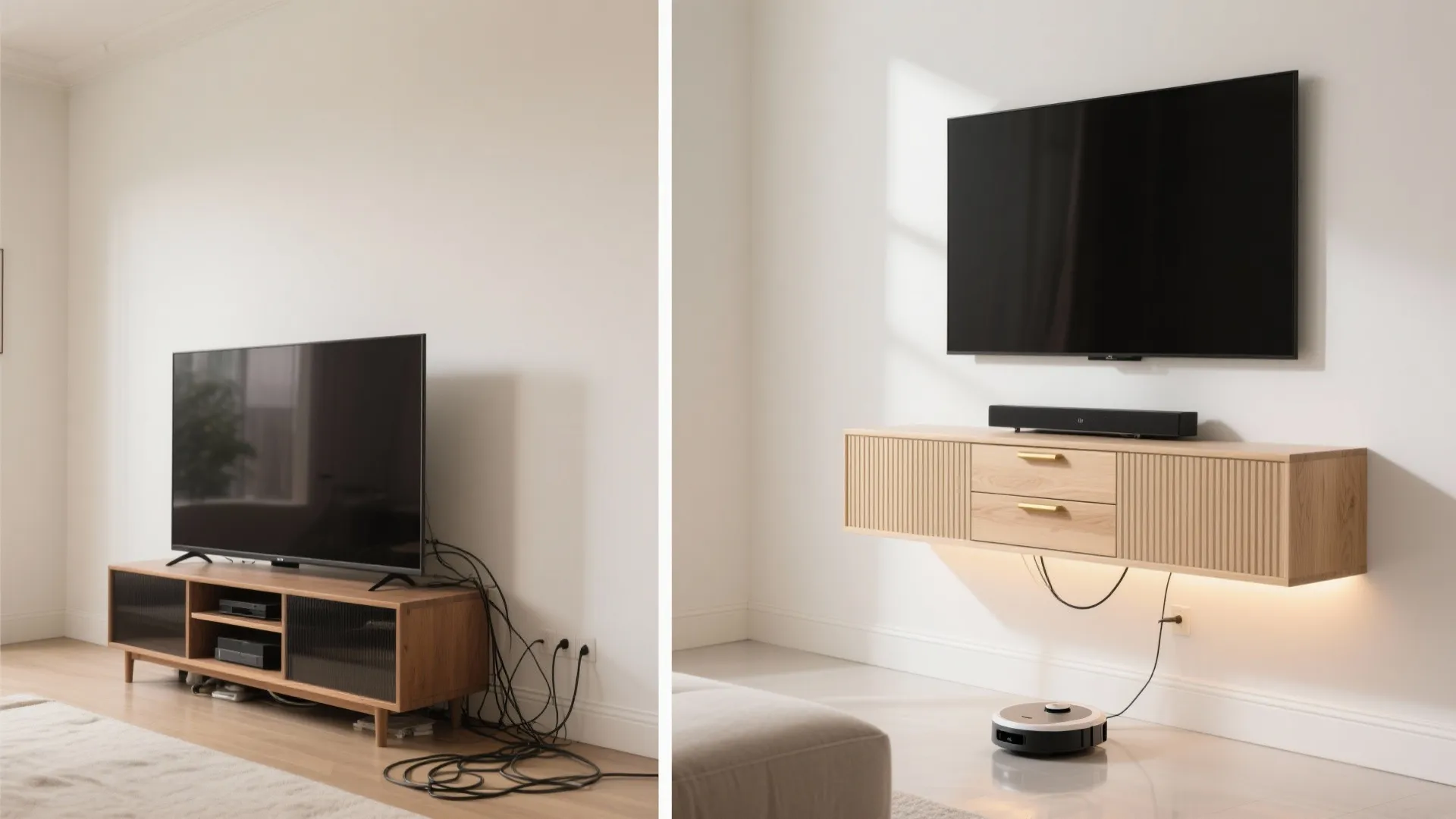 Comparison of messy wires under a television versus a clean wall mounted floating wooden cabinet
