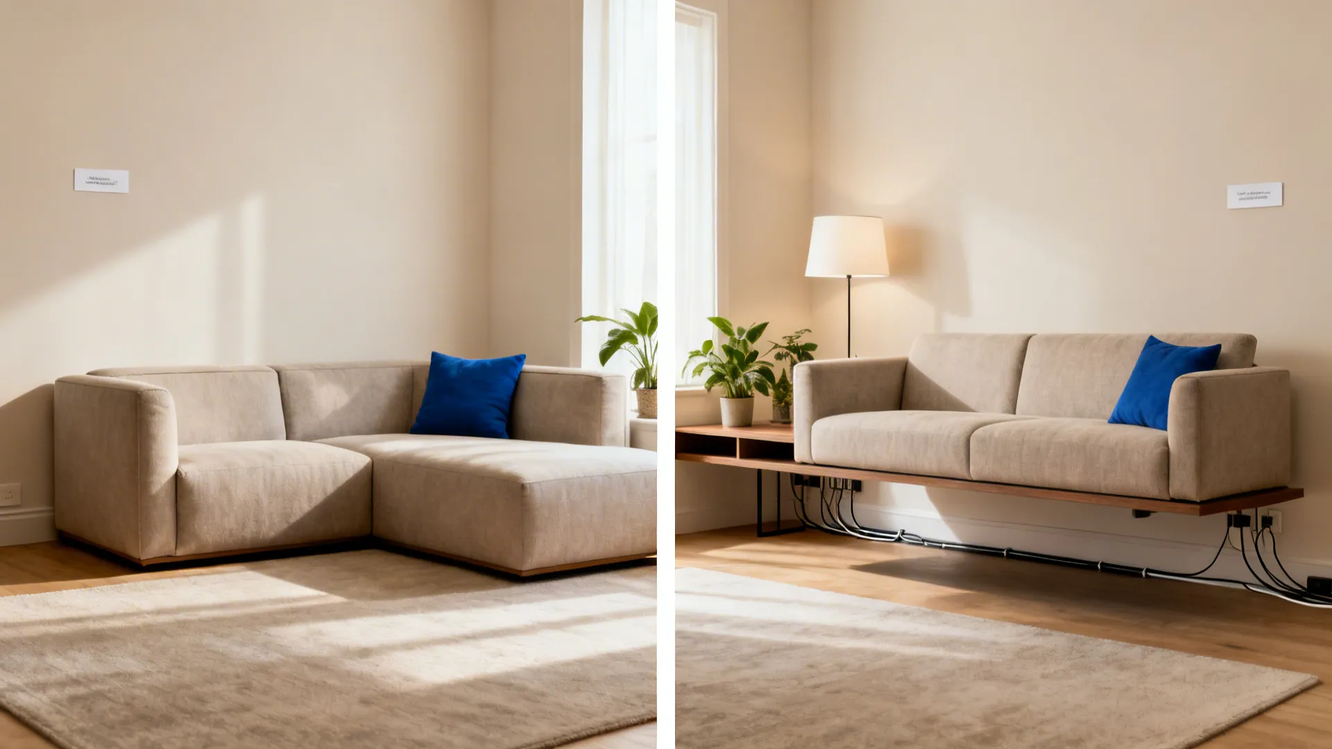 Before and after comparison of a floor sofa versus a wall mounted floating sofa base design
