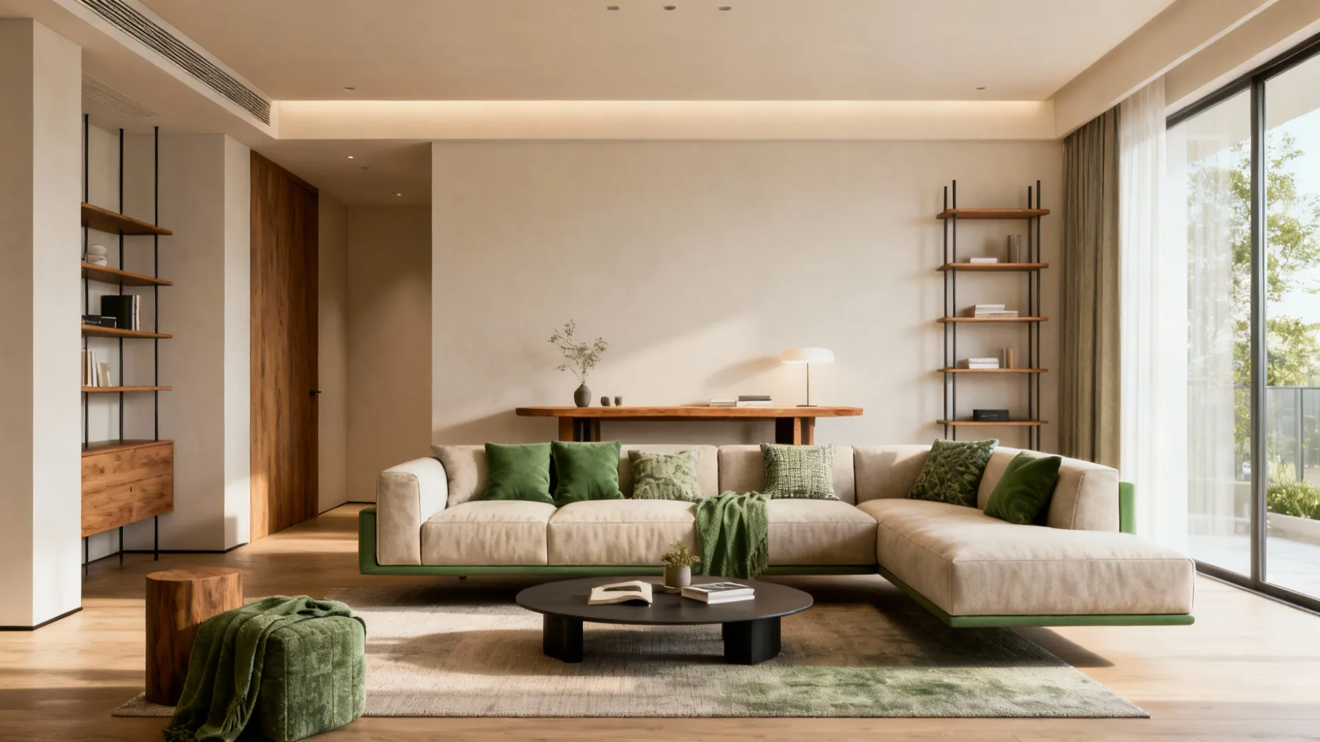 Open-plan living room with a sectional floated from walls creating a conversation area