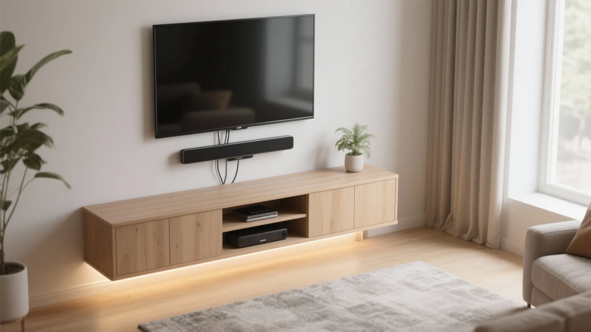 1) Floating Corner Console + Wall-Mounted TV