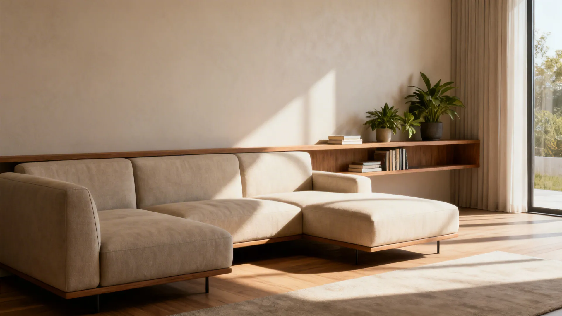 Back view of an L-shaped couch floated from the wall with a slim console holding plants and books