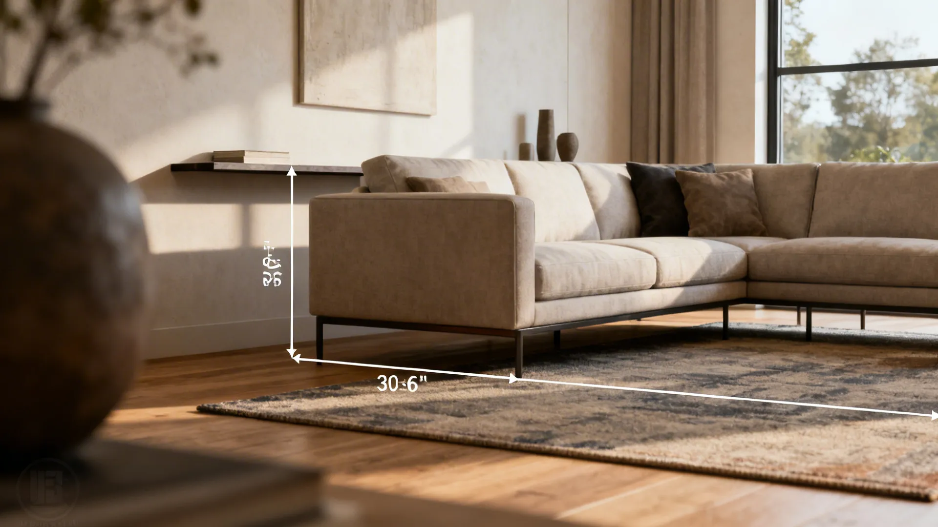 Living room with a couch floated from the wall creating a clear walkway and a narrow console behind it.