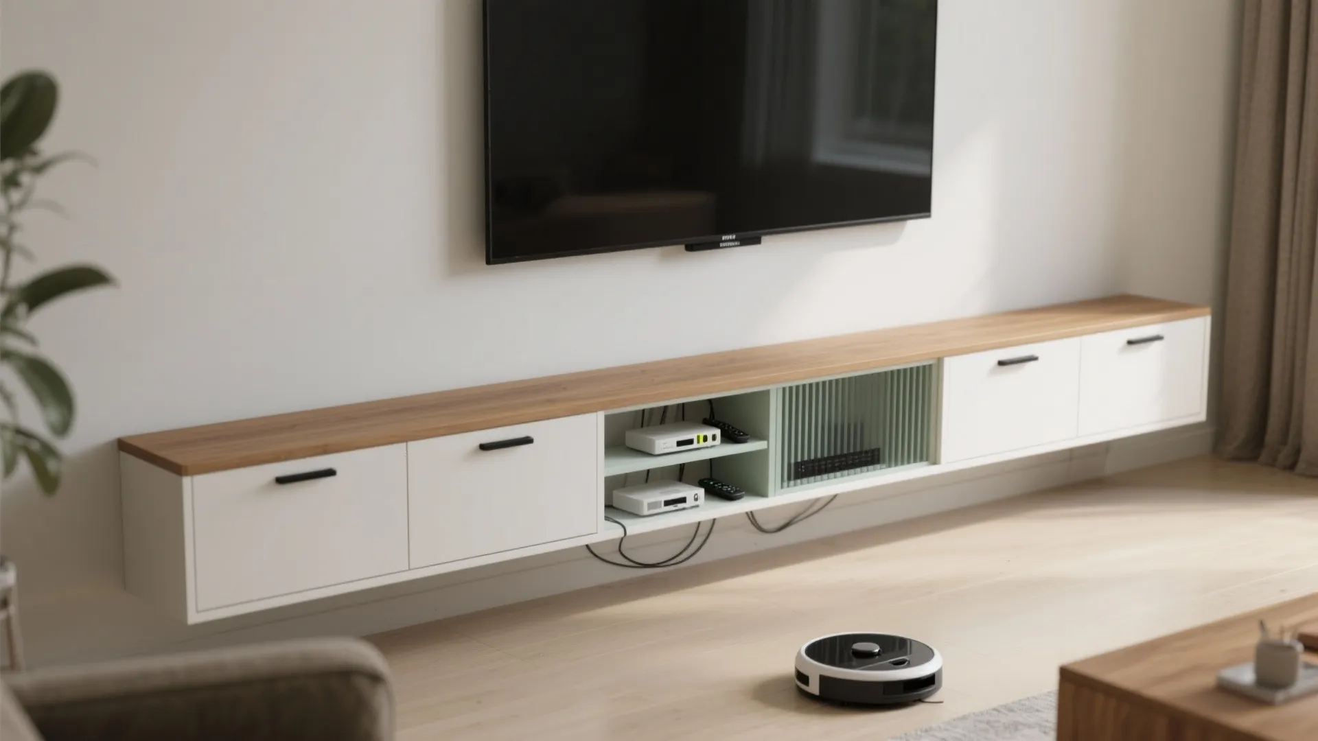 1) Slim floating credenza wall