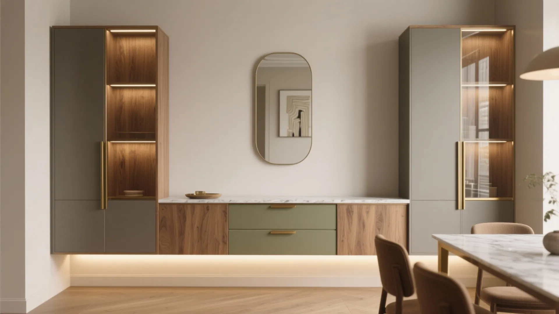 Floating credenza with tall uppers to lift the look