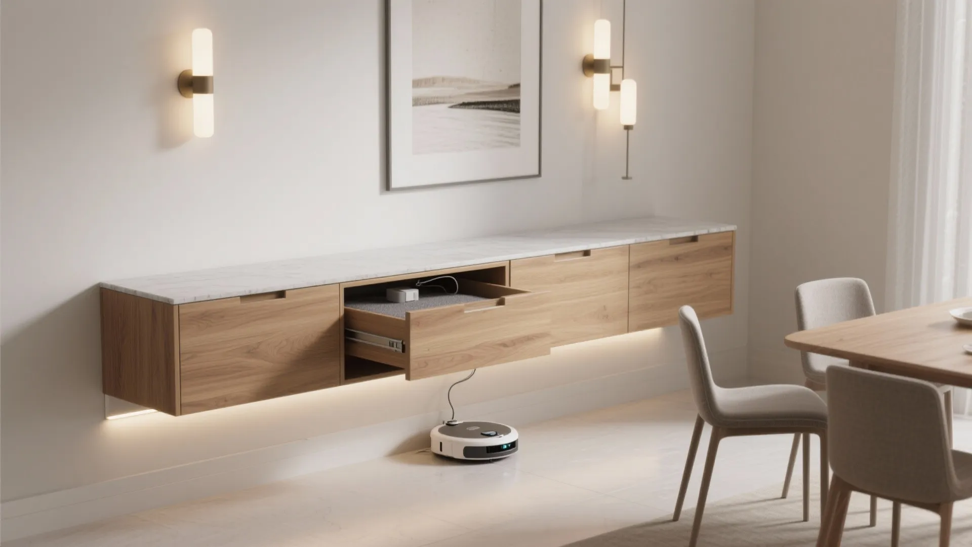 Floating Credenza: Storage, Charging, and Clean Floors