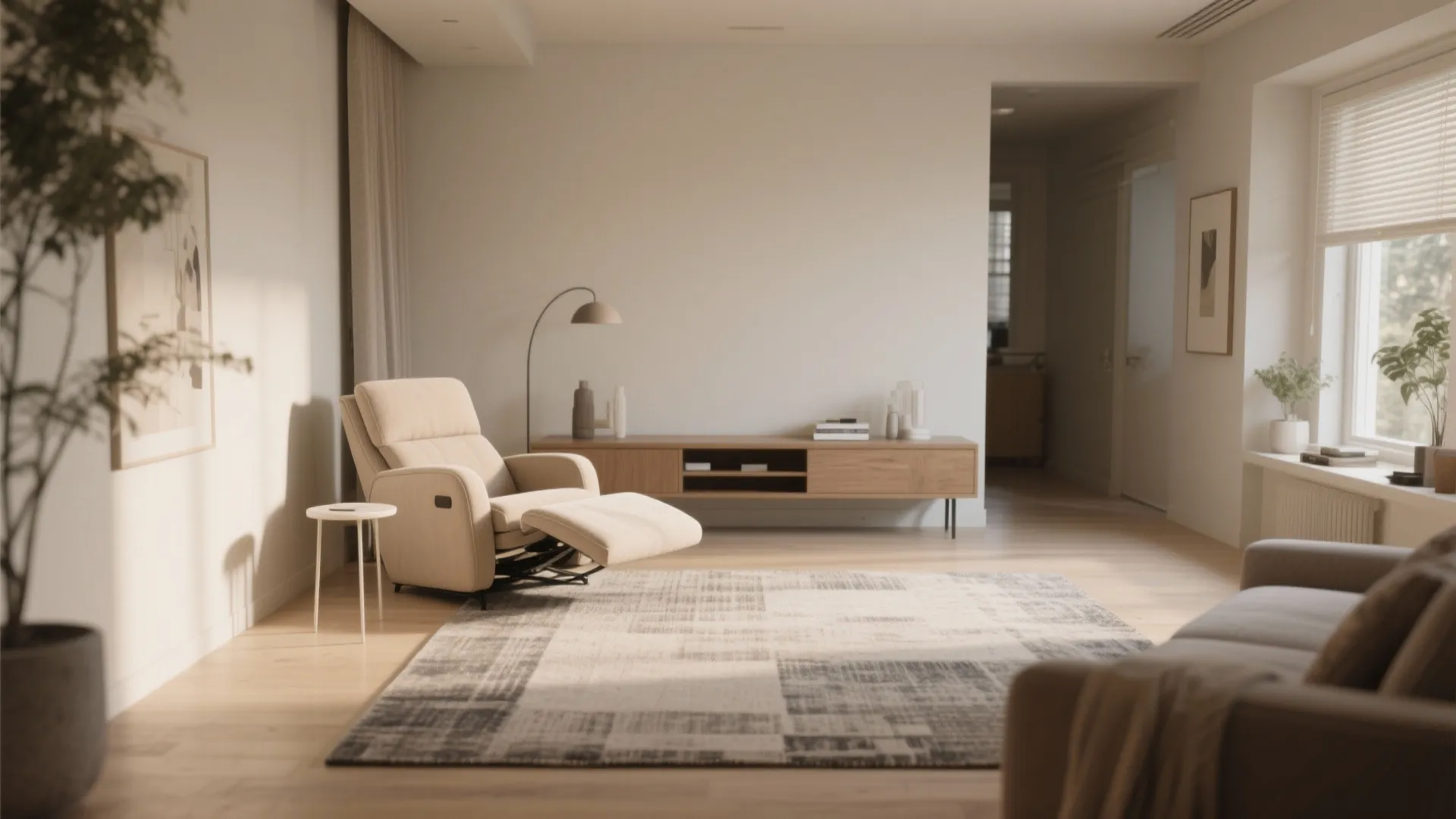 Spacious living room with a beige recliner chair, patterned rug, wooden cabinet, and large window