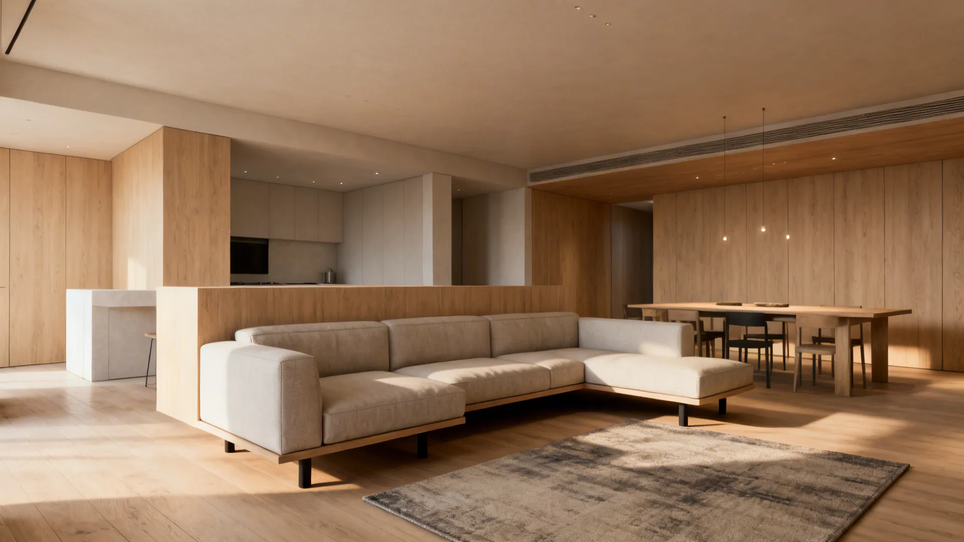 Open-plan apartment with an L-shaped sofa floated to divide living and dining areas.