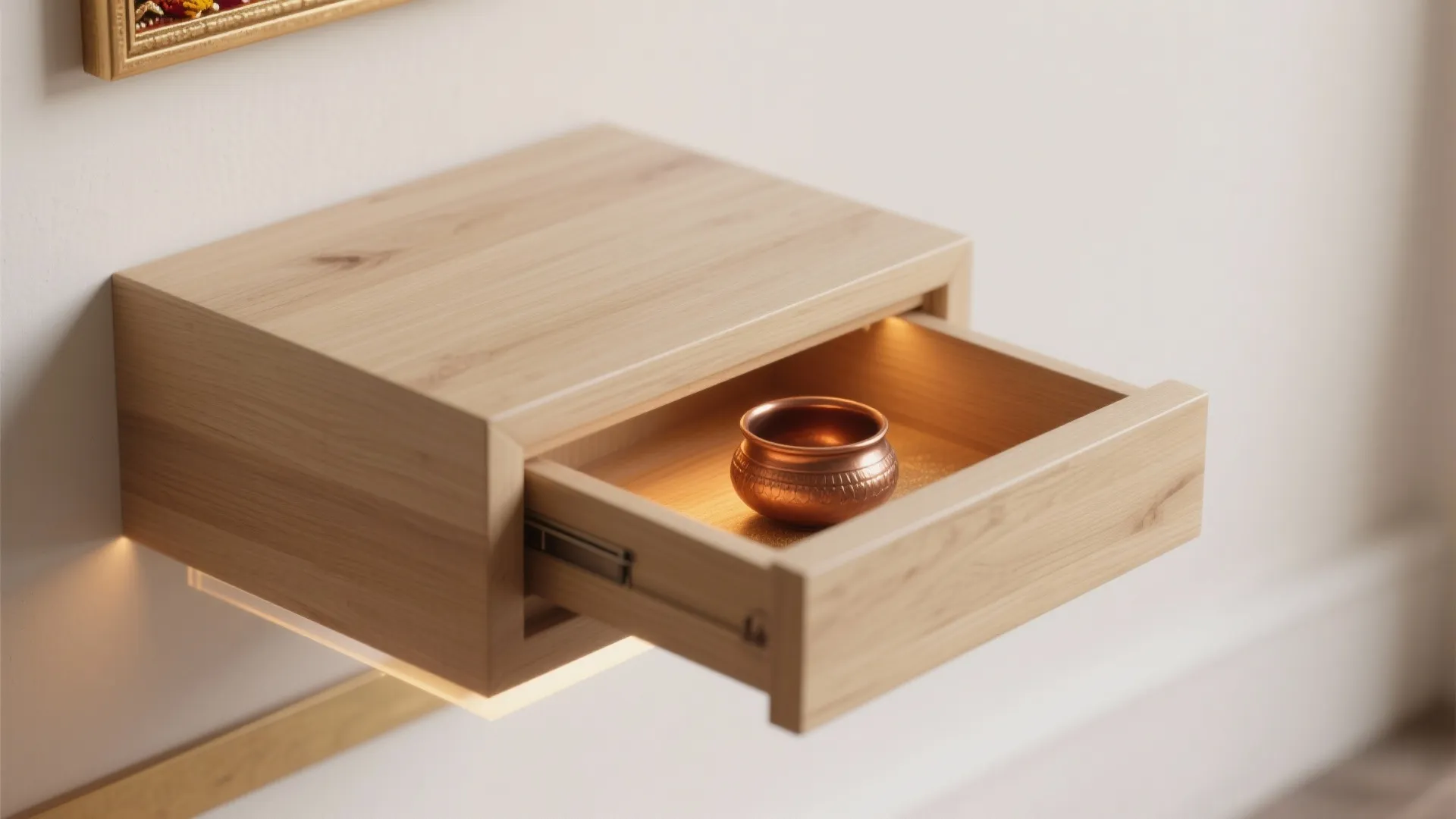 Light wood wall cabinet with open drawer holding a small brass bowl and warm light