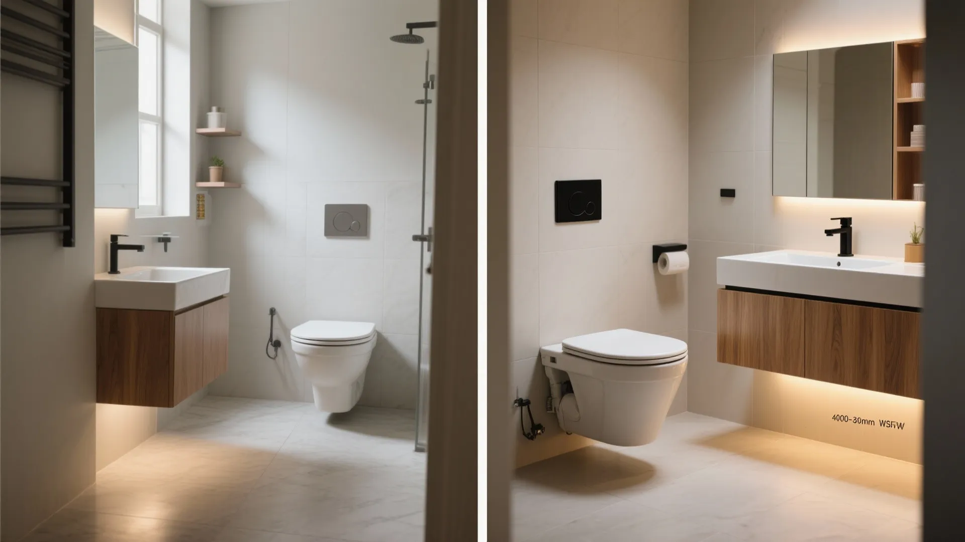 Floating fixtures and a light-on-the-eyes vanity