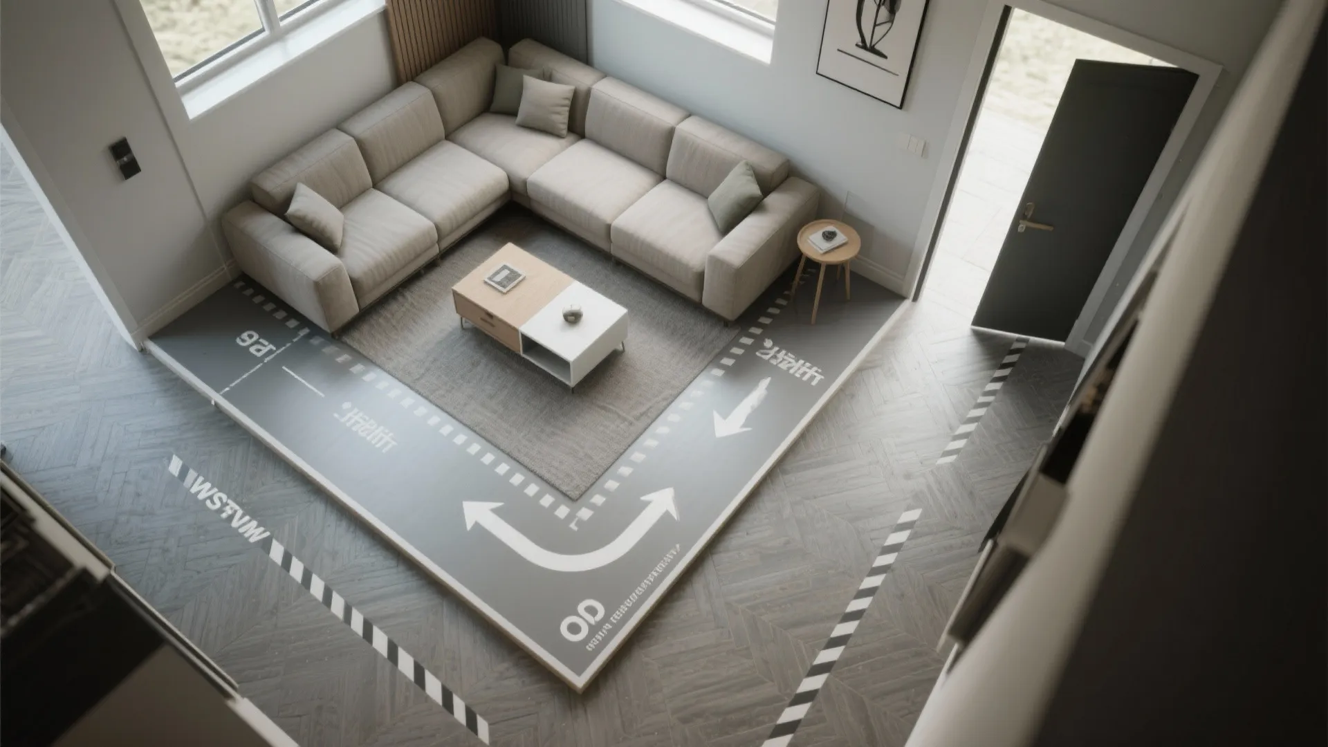 Top view interior design drawing showing a living room layout with sofa and walking paths