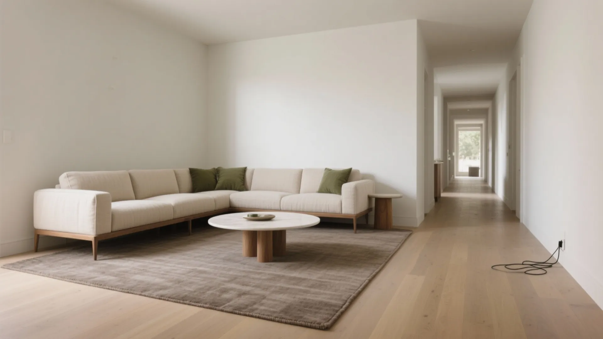 Large beige corner sofa with marble coffee table on brown rug in minimalist living room