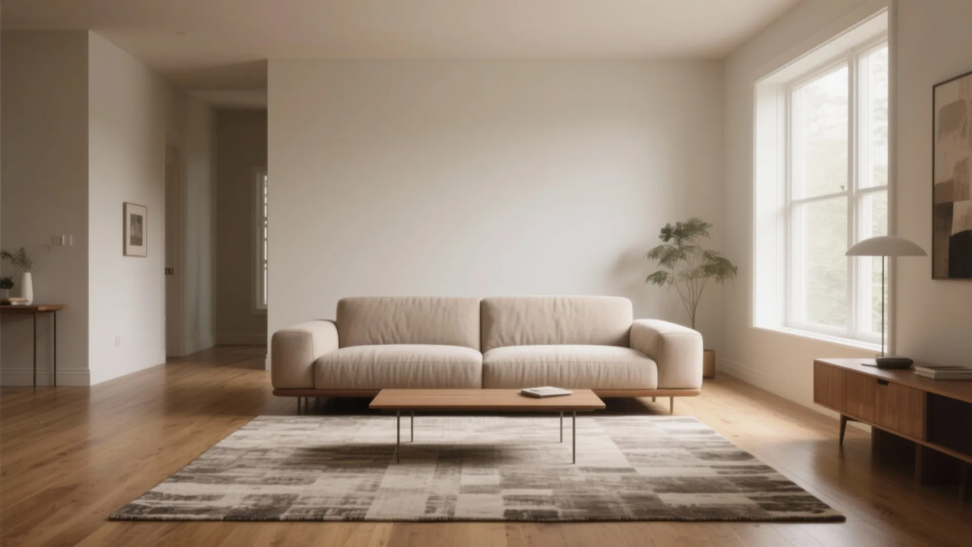 Living room with the sofa pulled away from the wall, rug defining the seating and a slim console behind the sofa.