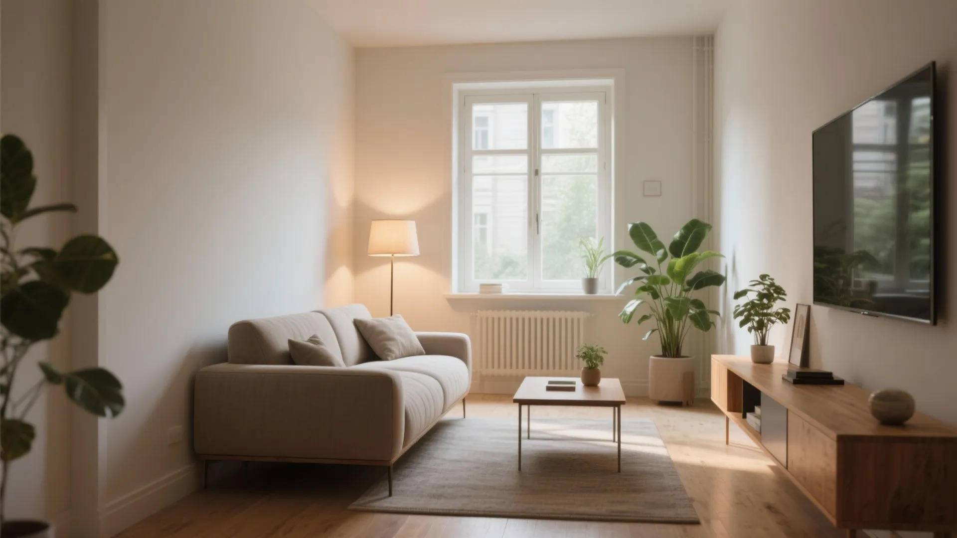 Modern living room with beige sofa, wooden cabinet, television, green plants, and bright natural light