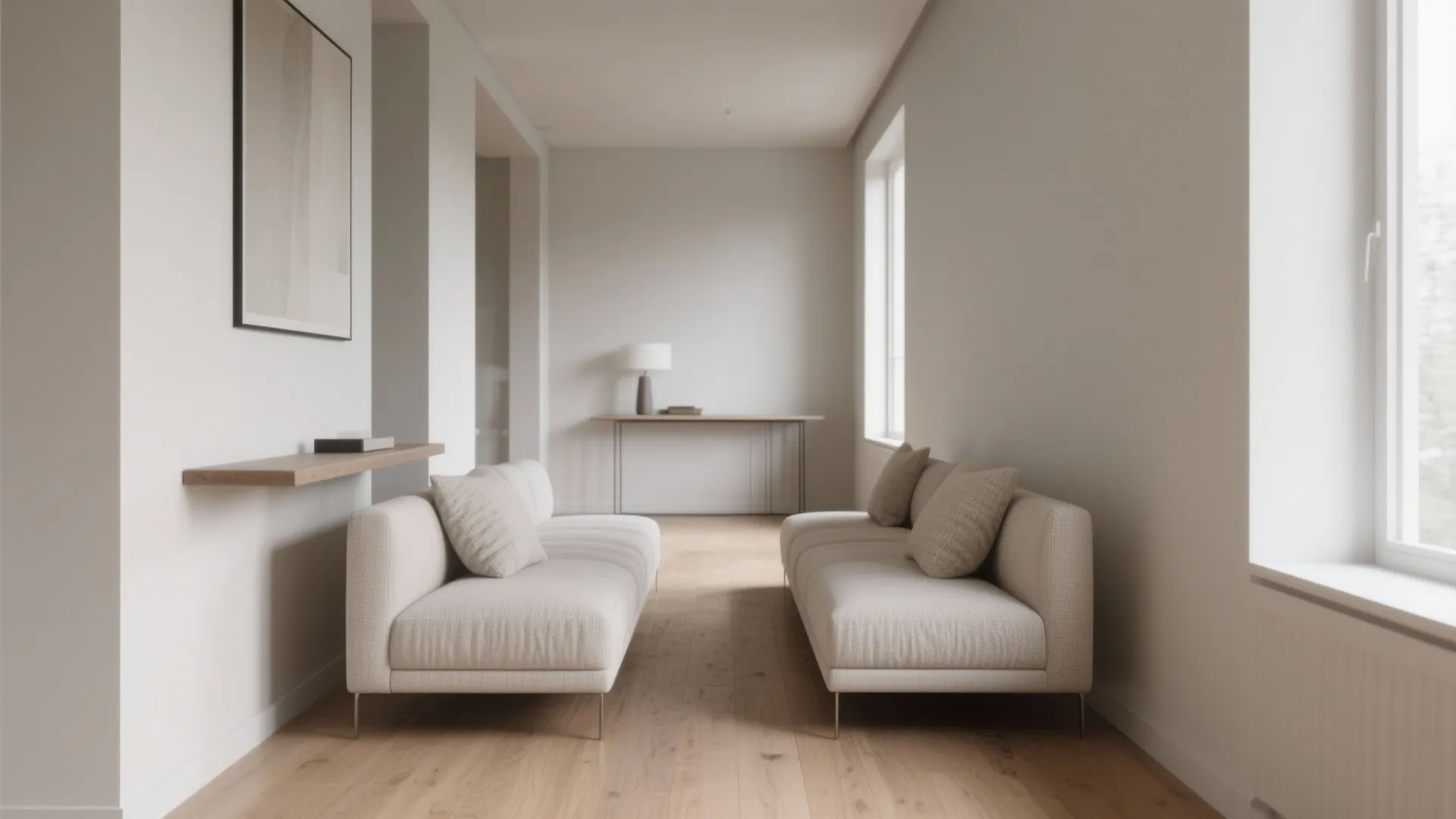 Minimalist hallway design with two beige sofas facing each other on a light wooden floor