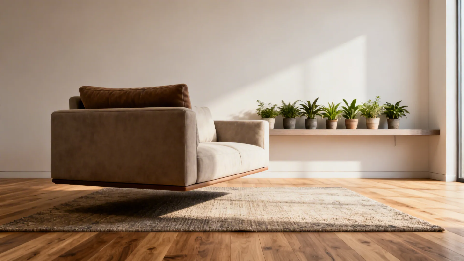 Sofa floated from the wall with a slim console and plants creating a clear circulation path
