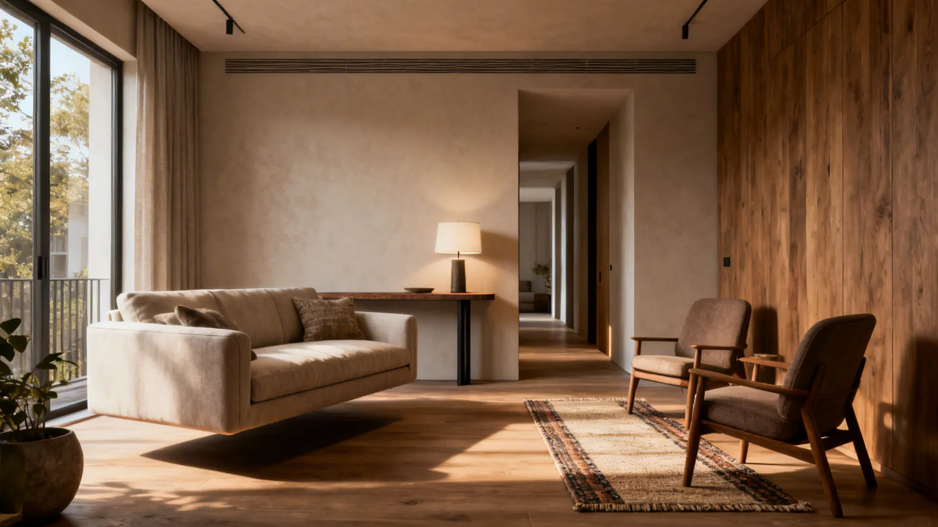 Sofa floated from the wall with a narrow console behind, creating open pathways and cozy seating.