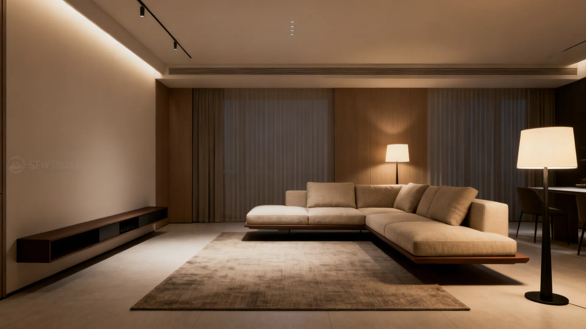 Floated compact sectional in an L-shaped living room creating clear circulation paths with a slim media unit on the short wall.