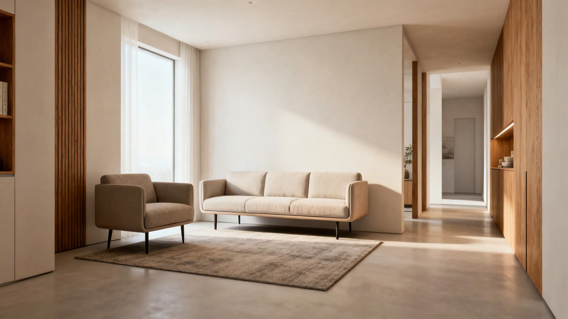 Living room with sofa floated from the wall, slim legs and an anchoring rug creating visual breathing room.