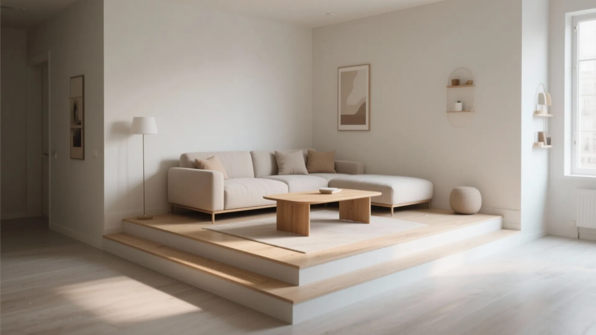 Modern cream sofa on wood platform with coffee table floor lamp and minimalist wall art decor