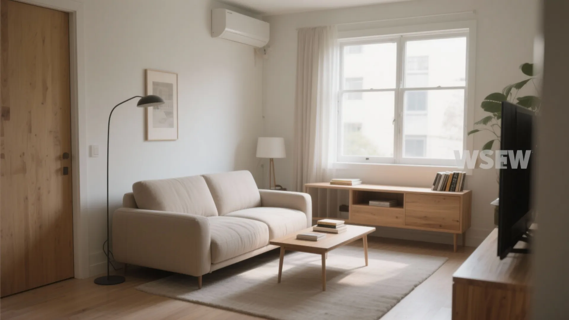 Minimalist living room with beige sofa wooden coffee table floor lamp and large window natural light