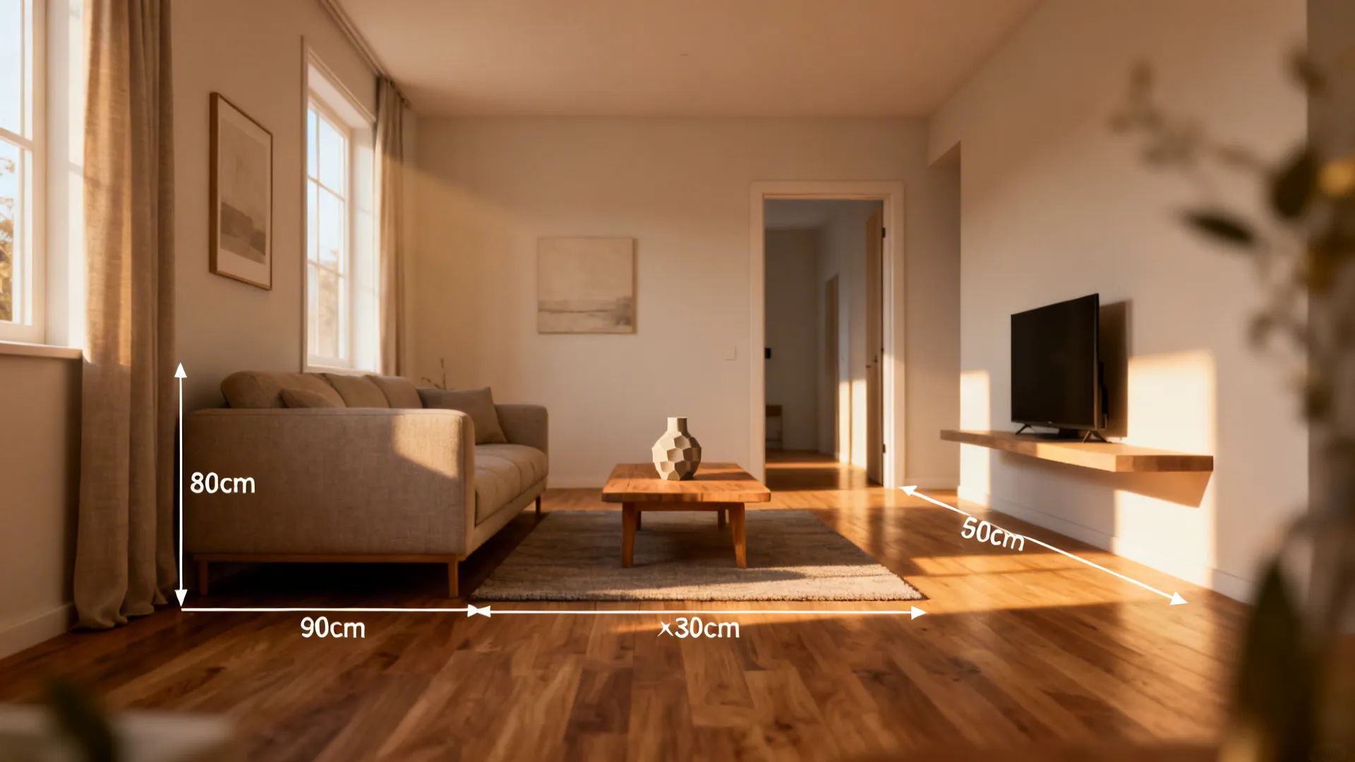 Small living room with a sofa floated from the wall creating clear pathways and a cozy TV nook