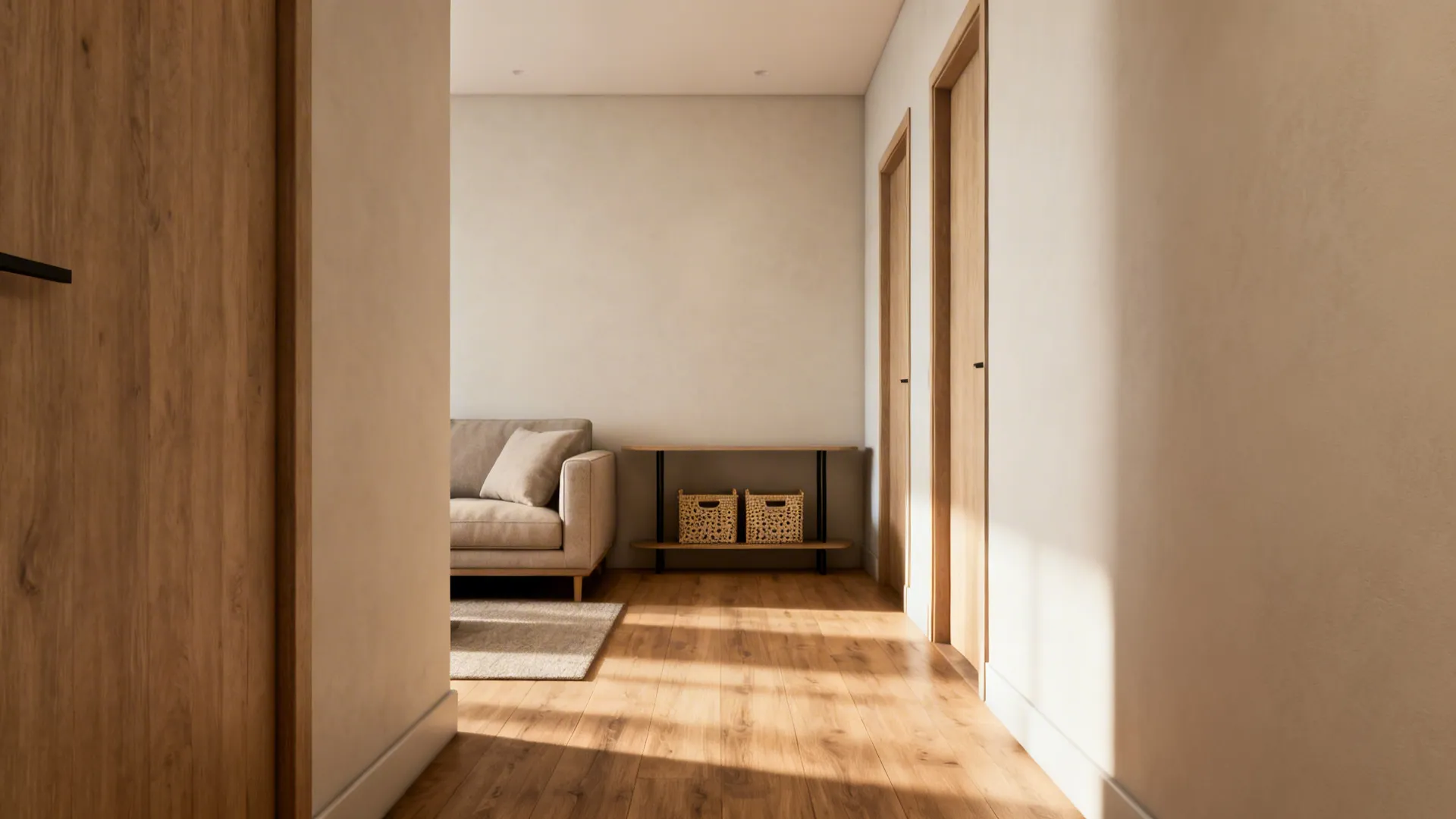 Small living room with sofa floated inward and a narrow console table creating a clear walkway