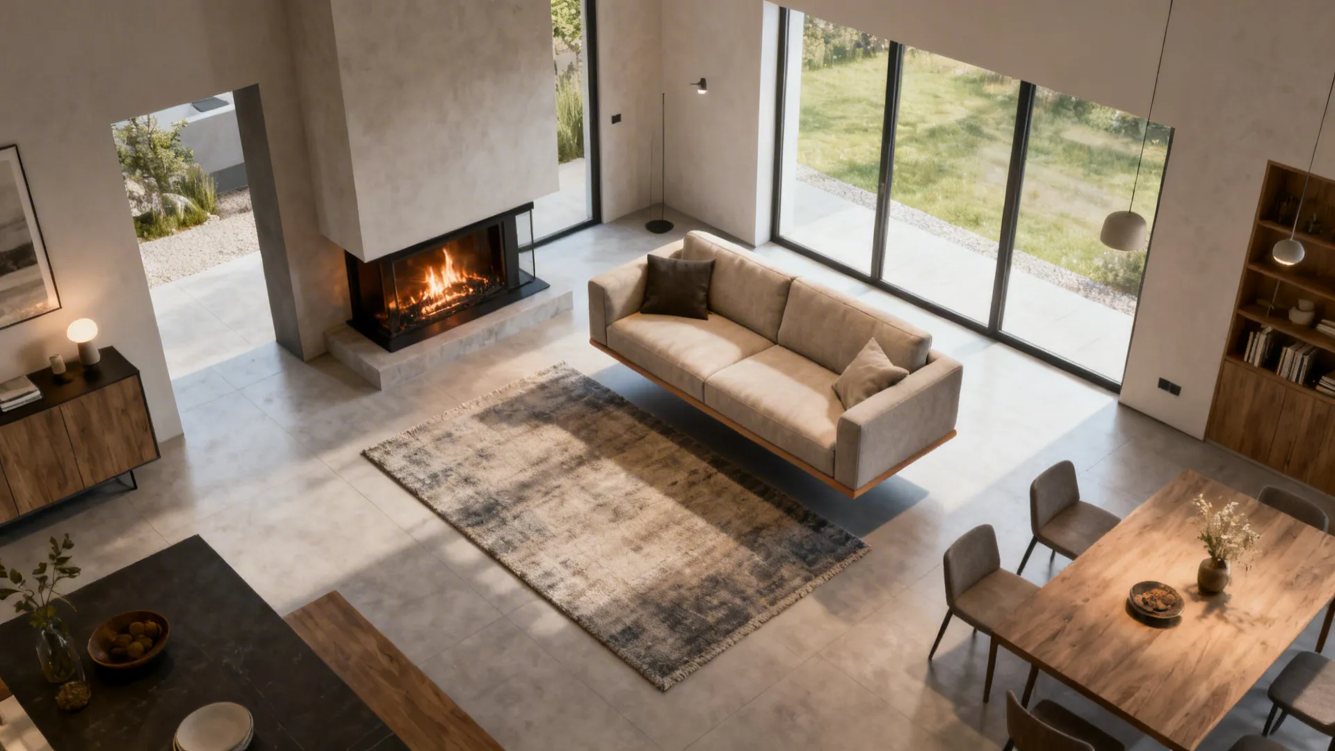 Top-down view of a small living room showing floated furniture creating clear circulation.