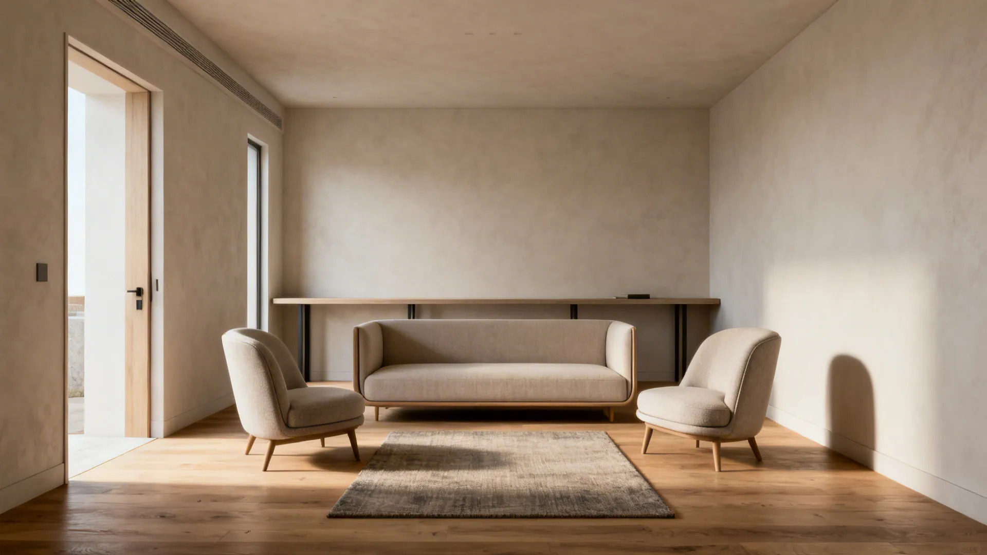 Studio living room with a floated narrow-backed sofa creating a clear walkway and slim console table behind it.