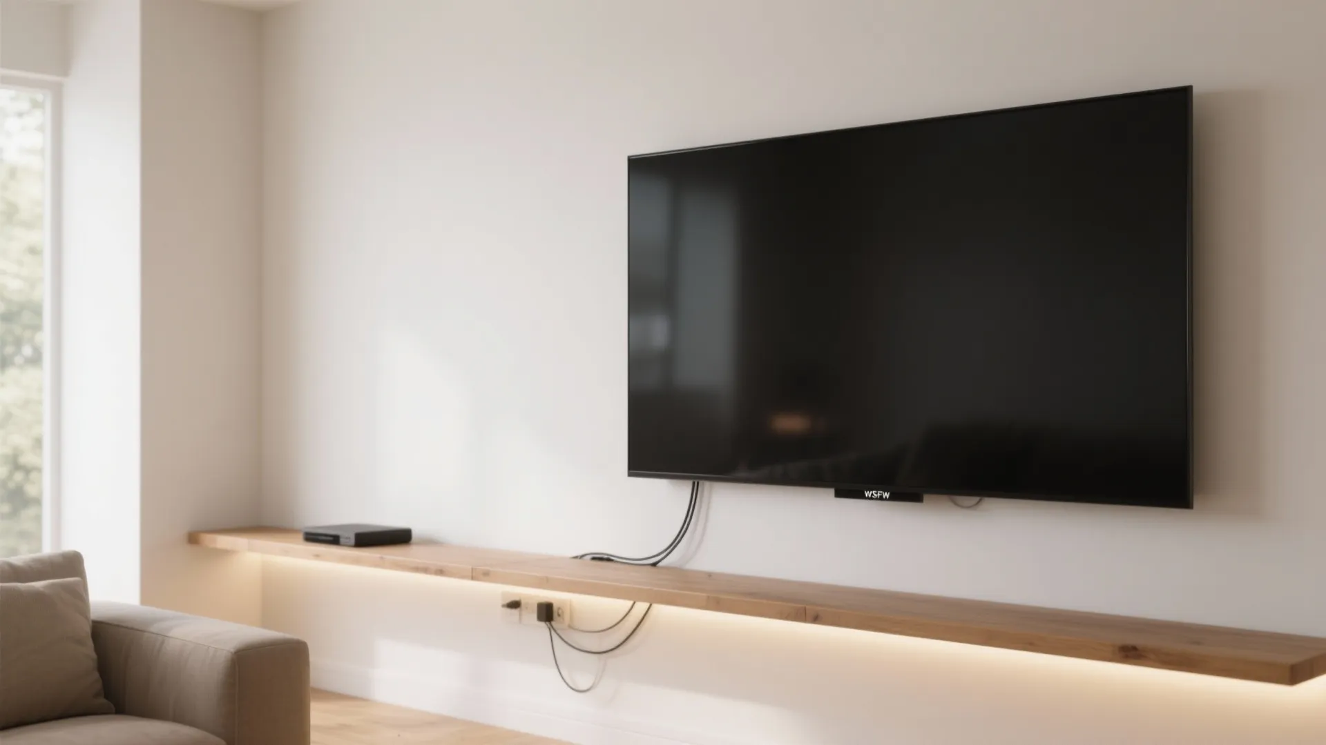 Modern wall mounted television over a floating wooden shelf with hidden light strip and wires