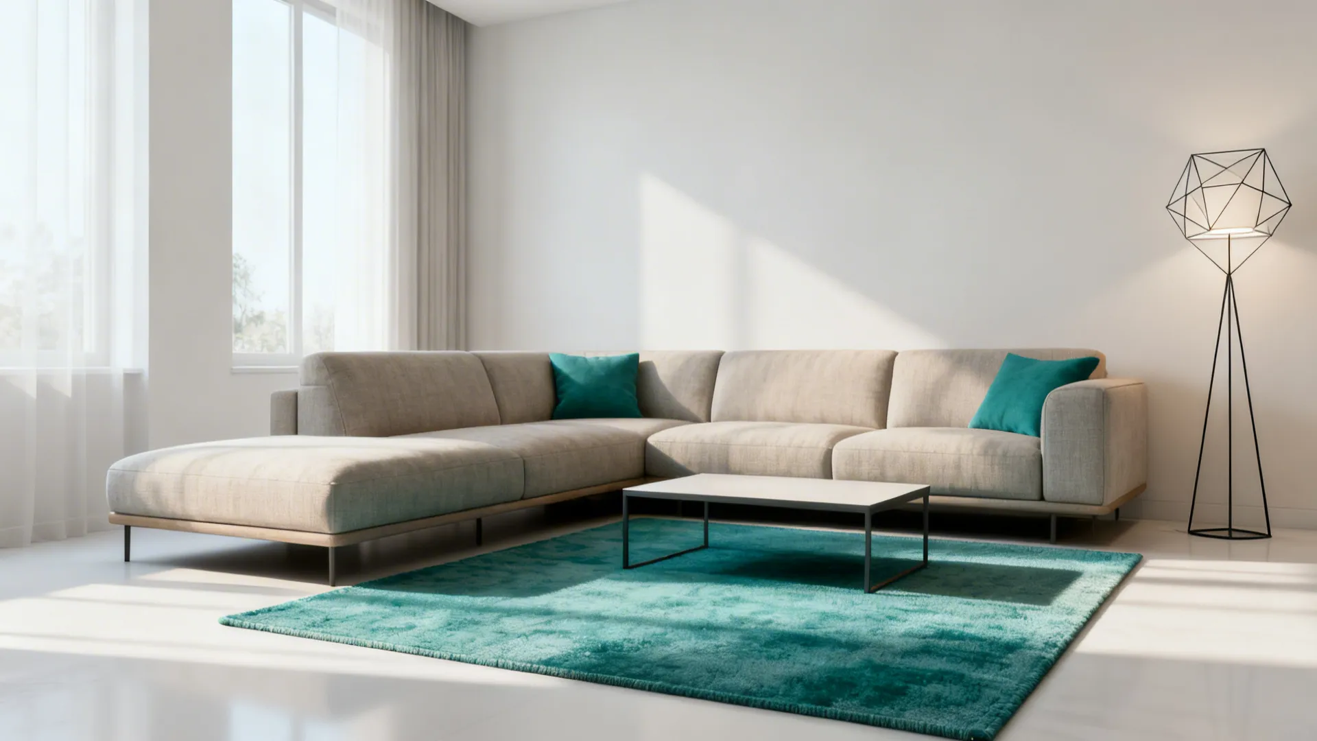 Modern living room interior featuring beige sofa turquoise rug coffee table and black floor lamp