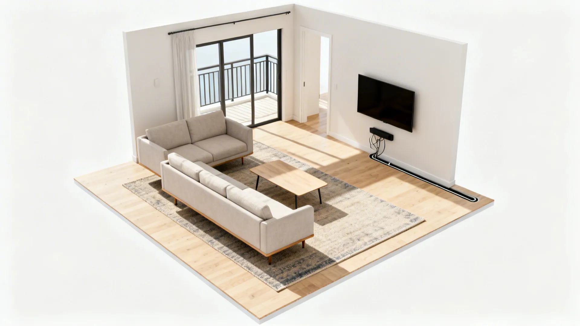 Interior design drawing showing living room layout with two sofas rug and wall mounted television