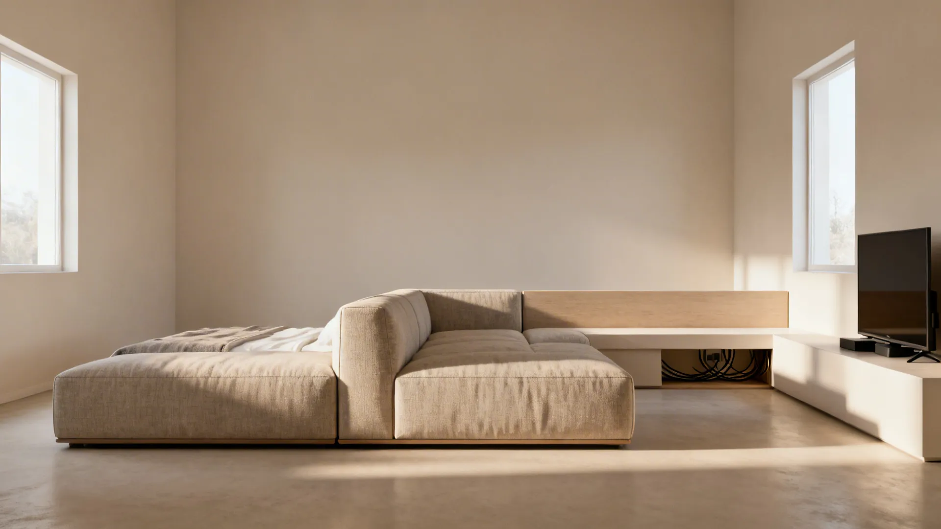 Studio apartment where an L-shaped sofa floats to separate sleeping and living areas with a low-back console behind.