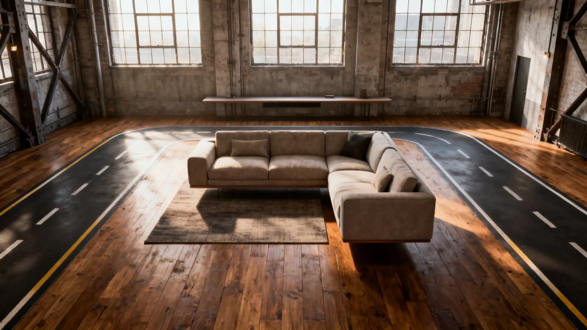 Loft living room with an L-shaped sofa floated from walls and a console behind it