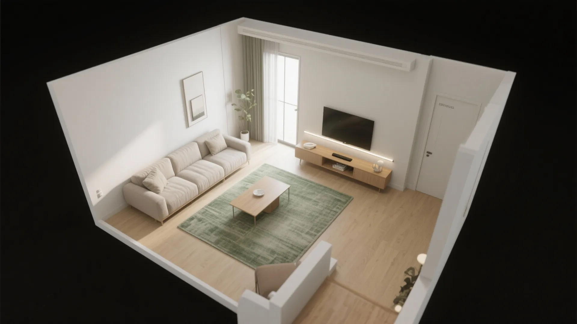 1) Floating Sofa + Wall-Mounted Media Rail