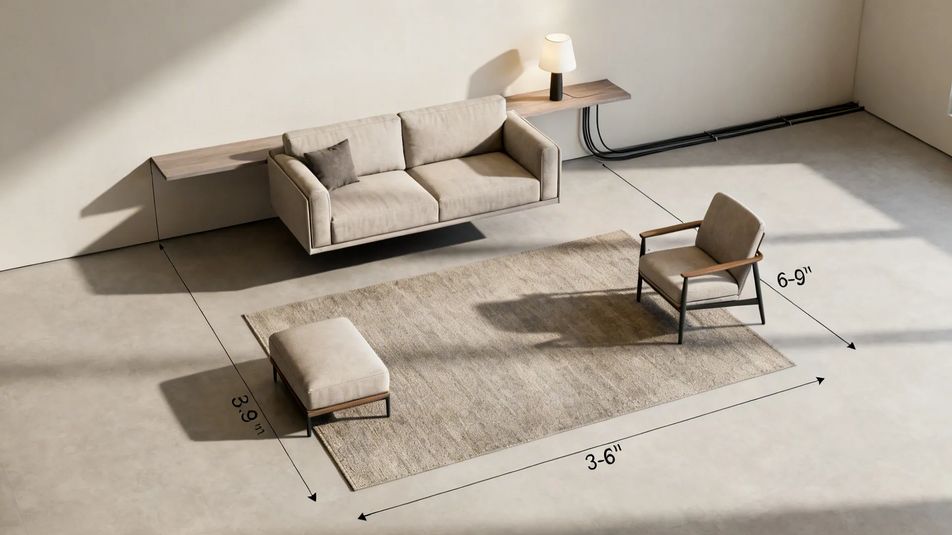 Interior design drawing with furniture layout showing a beige sofa chair footrest and rug dimensions