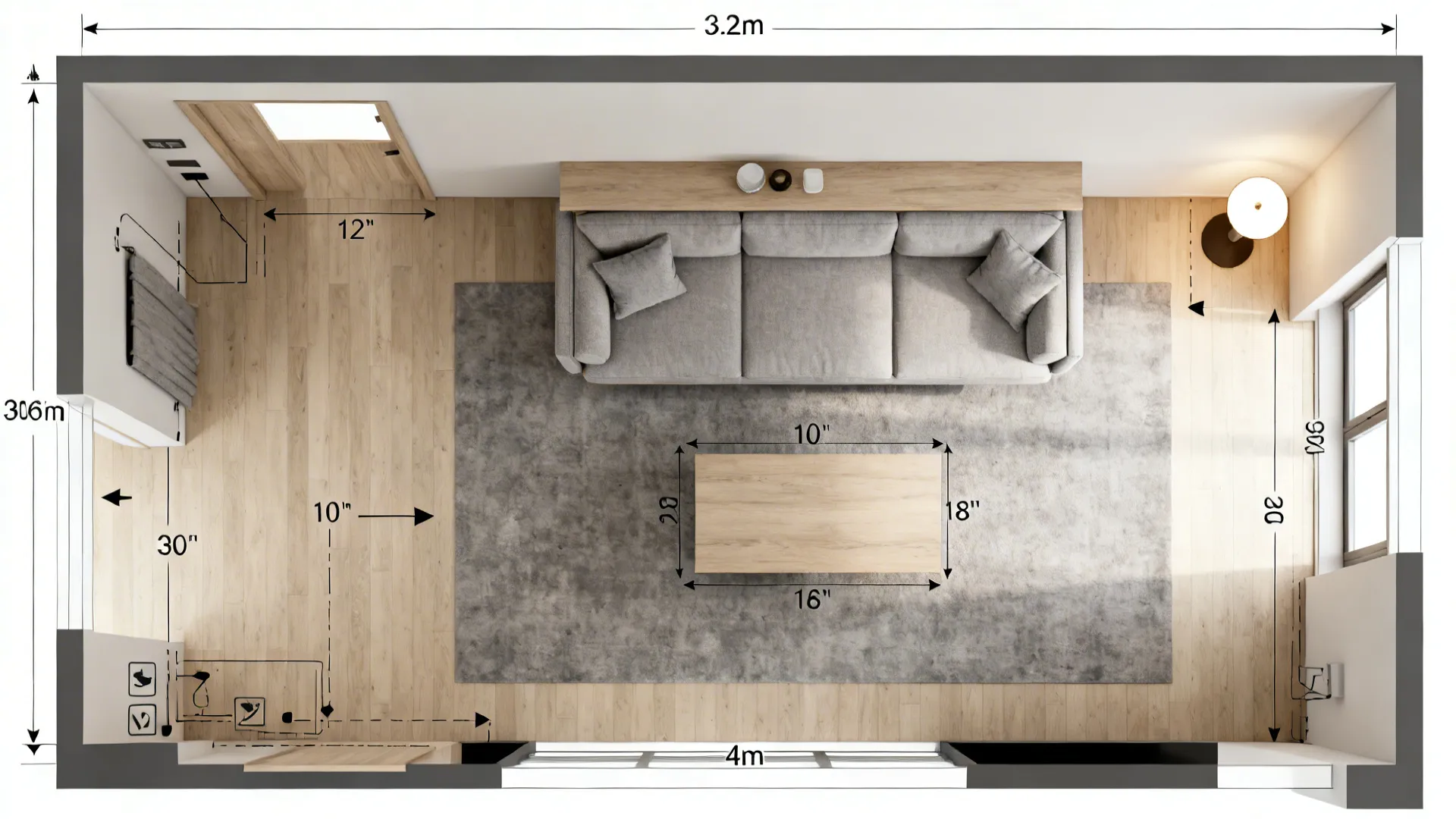 Top-down view showing a floated sofa, slim console, and clear circulation paths in a 3.2×4 m room.