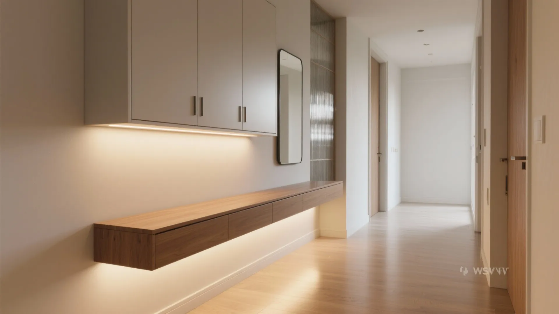 Floating Wall Cupboards with Concealed Lighting and Mirrors