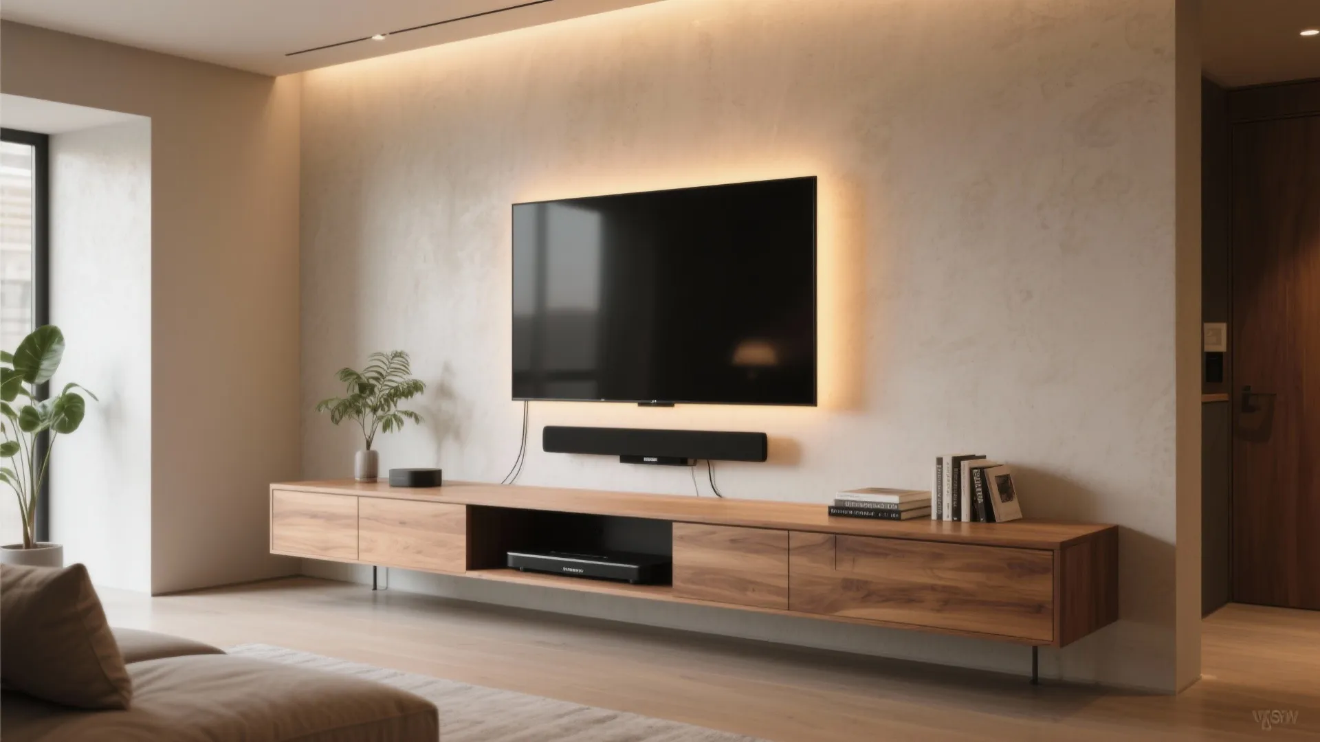 Floating Media Wall + Subtle LED Grazing